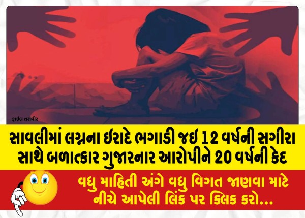 સાવલીમાં લગ્નના ઇરાદે ભગાડી જઇ 12 વર્ષની સગીરા સાથે બળાત્કાર ગુજારનાર આરોપીને 20 વર્ષની કેદ