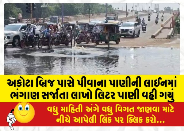 MailVadodara.com - Millions-of-liters-of-water-flowed-due-to-a-rupture-in-a-drinking-water-line-near-Akota-Bridge