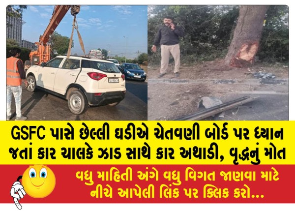 MailVadodara.com - Car-driver-crashes-into-tree-after-ignoring-warning-board-at-GSFC-at-last-minute-elderly-dies