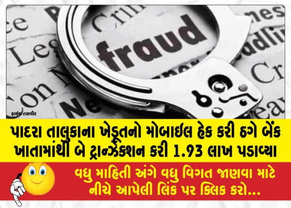 MailVadodara.com - A-thief-hacked-the-mobile-phone-of-a-farmer-from-Padra-taluka-and-made-two-transactions-from-his-bank-account-withdrawing-Rs-1-93-lakh