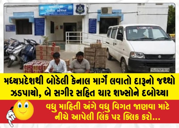 મધ્યપ્રદેશથી બોડેલી કેનાલ માર્ગે લવાતો દારૂનો જથ્થો ઝડપાયો, બે સગીર સહિત ચાર શખ્સોને દબોચ્યા