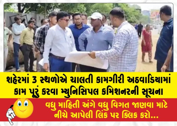 શહેરમાં 3 સ્થળોએ ચાલતી કામગીરી અઠવાડિયામાં કામ પૂરું કરવા મ્યુનિસિપલ કમિશનરની સૂચના