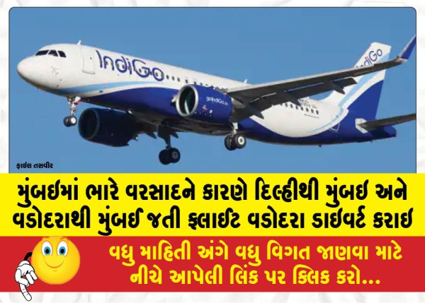 મુંબઇમાં ભારે વરસાદને કારણે દિલ્હીથી મુંબઇ અને વડોદરાથી મુંબઈ જતી ફ્લાઈટ વડોદરા ડાઇવર્ટ કરાઇ