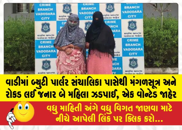 વાડીમાં બ્યુટી પાર્લર સંચાલિકા પાસેથી મંગળસૂત્ર અને રોકડ લઈ જનાર બે મહિલા ઝડપાઈ, એક વોન્ટેડ જાહેર