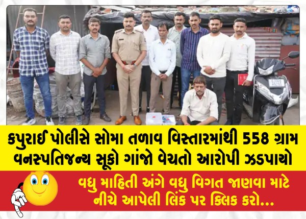 કપુરાઈ પોલીસે સોમા તળાવ વિસ્તારમાંથી 558 ગ્રામ વનસ્પતિજન્ય સૂકો ગાંજો વેચતો આરોપી ઝડપાયો
