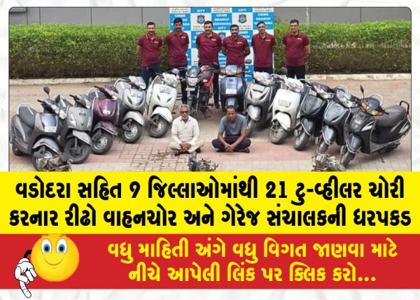 વડોદરા સહિત 9 જિલ્લાઓમાંથી 21 ટુ-વ્હીલર ચોરી કરનાર રીઢો વાહનચોર અને ગેરેજ સંચાલકની ધરપકડ