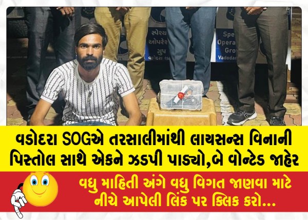 વડોદરા SOGએ તરસાલીમાંથી લાયસન્સ વિનાની પિસ્તોલ સાથે એકને ઝડપી પાડ્યો,બે વોન્ટેડ જાહેર