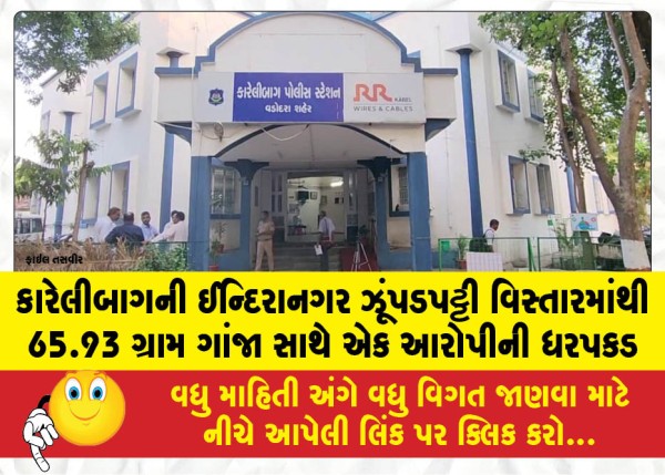 કારેલીબાગની ઈન્દિરાનગર ઝૂંપડપટ્ટી વિસ્તારમાંથી 65.93 ગ્રામ ગાંજા સાથે એક આરોપીની ધરપકડ