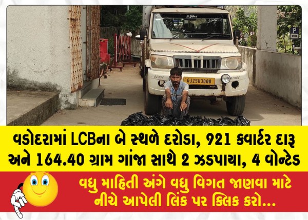 વડોદરામાં LCBના બે સ્થળે દરોડા, 921 ક્વાર્ટર દારૂ અને 164.40 ગ્રામ ગાંજા સાથે 2 ઝડપાયા, 4 વોન્ટેડ