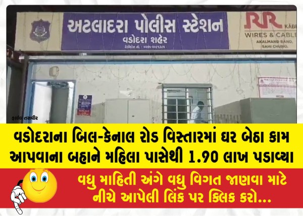 વડોદરાના બિલ-કેનાલ રોડ વિસ્તારમાં ઘર બેઠા કામ આપવાના બહાને મહિલા પાસેથી 1.90 લાખ પડાવ્યા