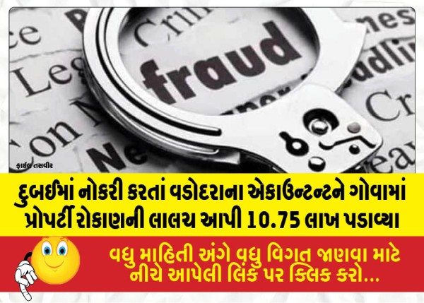 દુબઈમાં નોકરી કરતાં વડોદરાના એકાઉન્ટન્ટને ગોવામાં પ્રોપર્ટી રોકાણની લાલચ આપી 10.75 લાખ પડાવ્યા