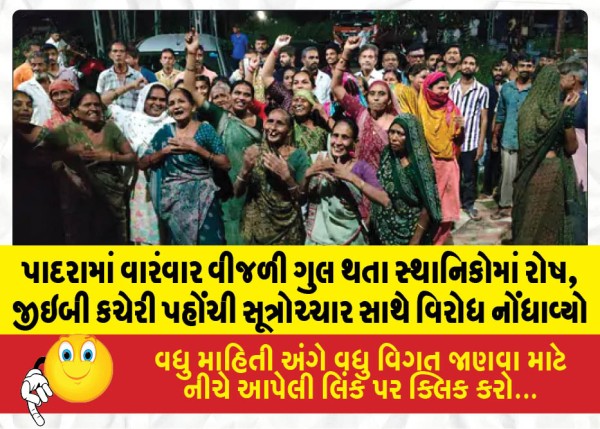 પાદરામાં વારંવાર વીજળી ગુલ થતા સ્થાનિકોમાં રોષ, જીઇબી કચેરી પહોંચી સૂત્રોચ્ચાર સાથે વિરોધ નોંધાવ્યો
