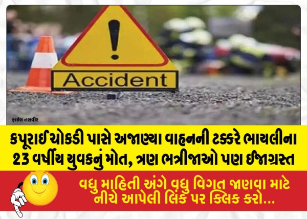 કપૂરાઈ ચોકડી પાસે અજાણ્યા વાહનની ટક્કરે ભાયલીના 23 વર્ષીય યુવકનું મોત, ત્રણ ભત્રીજાઓ પણ ઈજાગ્રસ્ત