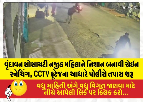 વૃંદાવન સોસાયટી નજીક મહિલાને નિશાન બનાવી ચેઇન સ્નેચિંગ, CCTV ફૂટેજના આધારે પોલીસે તપાસ શરૂ