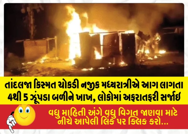 તાંદલજા કિસ્મત ચોકડી નજીક મધ્યરાત્રીએ આગ લાગતા 4થી 5 ઝૂંપડા બળીને ખાખ, લોકોમાં અફરાતફરી સર્જાઇ