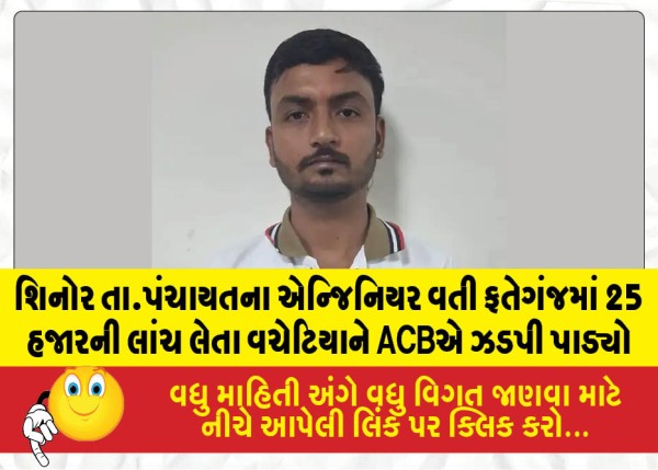 શિનોર તા.પંચાયતના એન્જિનિયર વતી ફતેગંજમાં 25 હજારની લાંચ લેતા વચેટિયાને ACBએ ઝડપી પાડ્યો