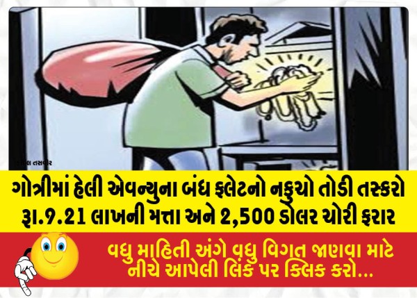 MailVadodara.com - Thieves-broke-the-latch-of-a-locked-flat-at-Haily-Avenue-in-Gotri-stole-valuables-worth-Rs-9-21-lakh-and-$2500-and-fled