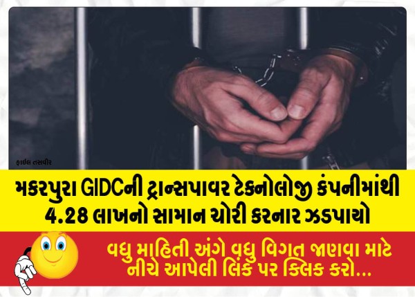 મકરપુરા GIDCની ટ્રાન્સપાવર ટેક્નોલોજી કંપનીમાંથી 4.28 લાખનો સામાન ચોરી કરનાર ઝડપાયો