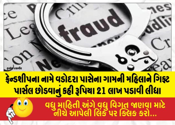 ફ્રેન્ડશીપના નામે વડોદરા પાસેના ગામની મહિલાને ગિફ્ટ પાર્સલ છોડવાનું કહી રૂપિયા 21 લાખ પડાવી લીધા