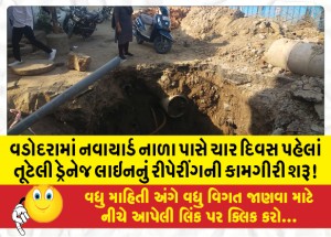 વડોદરામાં નવાયાર્ડ નાળા પાસે ચાર દિવસ પહેલાં તૂટેલી ડ્રેનેજ લાઇનનું રીપેરીંગની કામગીરી શરૂ!!