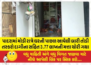 પાદરામાં મોડી રાત્રે ઘરની પાછળ આવેલી બારી તોડી તસ્કરો દાગીના સહિત 3.77 લાખની મત્તા ચોરી ગયા