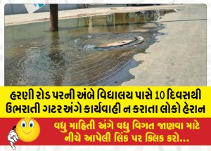 હરણી રોડ પરની અંબે વિદ્યાલય પાસે 10 દિવસથી ઉભરાતી ગટર અંગે કાર્યવાહી ન કરાતા લોકો હેરાન