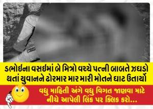 ડભોઇના વસઇમાં બે મિત્રો વચ્ચે પત્ની બાબતે ઝઘડો થતાં યુવાનને ઢોરમાર માર મારી મોતને ઘાટ ઉતાર્યો