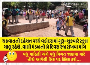 ચક્રવાતની દહેશત વચ્ચે વડોદરામાં ગુરૂ-શુક્રવારે સ્કૂલ ચાલુ રહેશે, વાલી મંડળની બે દિવસ રજા રાખવા માંગ