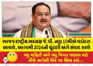 ભાજપ રાષ્ટ્રીય અધ્યક્ષ જે.પી. નડ્ડા 10મીએ વડોદરા આવશે, આગામી 2024ની ચૂંટણી અંગે સંવાદ કરશે