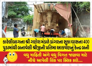 કારેલીબાગના શ્રી ગણેશ મંડળે ડાંગરના સૂકા ઘાસના 400 પુડામાંથી બનાવેલી શ્રીજીની પ્રતિમા આકર્ષણનું કેન્દ્ર બની