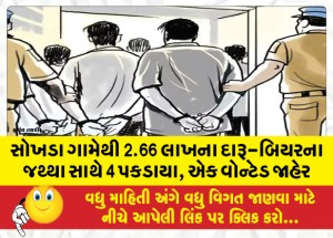 સોખડા ગામેથી 2.66 લાખના દારૂ-બિયરના જથ્થા સાથે 4 પકડાયા, એક વોન્ટેડ જાહેર