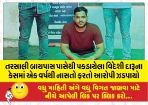 તરસાલી બાયપાસ પાસેથી પકડાયેલા વિદેશી દારૂના કેસમાં એક વર્ષથી નાસતો ફરતો આરોપી ઝડપાયો