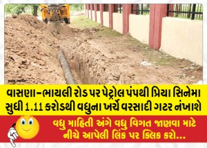 વાસણા-ભાયલી રોડ પર પેટ્રોલ પંપથી પ્રિયા સિનેમા સુધી 1.11 કરોડથી વધુના ખર્ચે વરસાદી ગટર નંખાશે
