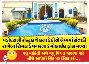 વડોદરાની સેન્ટ્રલ જેલના કેદીએ લેમ્પમાં સંતાડી રાખેલા સિમકાર્ડ વગરના 2 મોબાઈલ ફોન મળ્યો