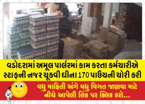 વડોદરામાં અમૂલ પાર્લરમાં કામ કરતા કર્મચારીએ સ્ટાફની નજર ચૂકવી ઘીના 170 પાઉચની ચોરી કરી