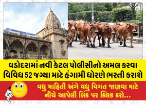 વડોદરામાં નવી કેટલ પોલીસીનો અમલ કરવા વિવિધ 52 જગ્યા માટે હંગામી ધોરણે ભરતી કરાશે