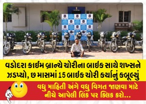 વડોદરા ક્રાઈમ બ્રાન્ચે ચોરીના બાઇક સાથે શખ્સને ઝડપ્યો, છ માસમાં 15 બાઇક ચોરી કર્યાનું કબૂલ્યું