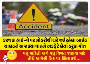 કરજણ હાઇ-વે પર નોકરીથી ઘરે જઇ રહેલા બાઇક ચાલકને અજાણ્યા વાહને અડફેટે લેતાં કરુણ મોત