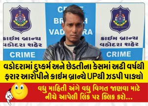 વડોદરામાં દુષ્કર્મ અને છેડતીના કેસમાં અઢી વર્ષથી ફરાર આરોપીને ક્રાઇમ બ્રાન્ચે UPથી ઝડપી પાડ્યો