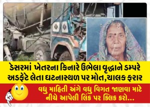 ડેસરમાં  ખેતરના કિનારે ઉભેલા વૃદ્ધાને ડમ્પરે અડફેટે લેતા ઘટનાસ્થળ પર મોત,ચાલક ફરાર