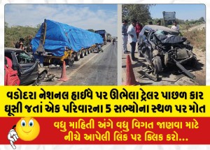 વડોદરા નેશનલ હાઈવે પર ઊભેલા ટ્રેલર પાછળ કાર ઘૂસી જતાં એક પરિવારના 5 સભ્યોના સ્થળ પર મોત, 4 વર્ષની બાળકીનો બચાવ