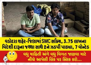 વડોદરા શહેર-જિલ્લામાં SMC સક્રિય, 3.75 લાખના વિદેશી દારૂના જથ્થા સાથે 2ને ઝડપી પાડ્યા, 7 વોન્ટેડ