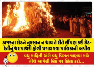 ડામરના રોડને નુકસાન ન થાય તે રીતે લીંપણ કરી ઇંટ-રેતીનું થર પાથરી હોળી પ્રગટાવવા પાલિકાની અપીલ