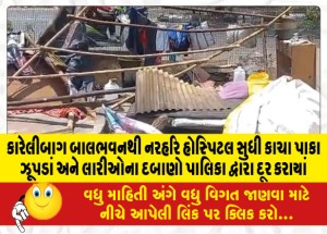 કારેલીબાગ બાલભવનથી નરહરિ હોસ્પિટલ સુધી કાચા પાકા ઝૂપડાં અને લારીઓના દબાણો પાલિકા દ્વારા દૂર કરાયાં