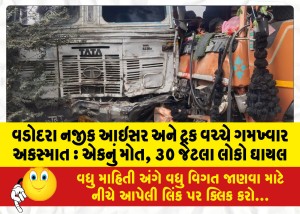 વડોદરા નજીક આઇસર અને ટ્રક વચ્ચે ગમખ્વાર અકસ્માત : એકનું મોત, ૩૦ જેટલા લોકો ઘાયલ