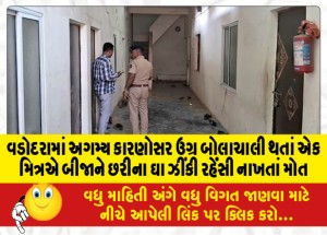 વડોદરામાં અગમ્ય કારણોસર ઉગ્ર બોલાચાલી થતાં એક મિત્રે બીજા મિત્રને છરીના ઘા ઝીંકી રહેંસી નાખતાં મોત