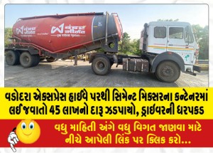 વડોદરા એક્સપ્રેસ હાઈવે પરથી સિમેન્ટ મિક્સરના કન્ટેનરમાં લઈ જવાતો 45 લાખનો દારૂ ઝડપાયો, ડ્રાઇવરની ધરપકડ