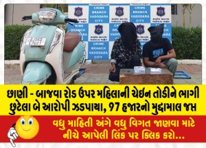 છાણી - બાજવા રોડ ઉપર મહિલાની ચેઇન તોડીને ભાગી છુટેલા બે આરોપી ઝડપાયા, 97 હજારનો મુદ્દામાલ જપ્ત