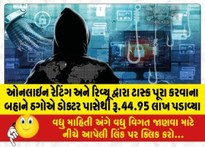ઓનલાઇન રેટિંગ અને રિવ્યૂ દ્વારા ટાસ્ક પૂરા કરવાના બહાને ઠગોએ ડોક્ટર પાસેથી રૂ.44.95 લાખ પડાવ્યા