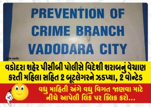 વડોદરા શહેર પીસીબી પોલીસે વિદેશી શરાબનું વેચાણ કરતી મહિલા સહિત 2 બૂટલેગરને ઝડપ્યા, 2 વોન્ટેડ